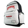 White Smell Proof Hands Free Backpack with ’Backwoods’ and ’Russian Cream’ branding