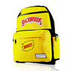 Bright yellow smell proof backpack with ’Backwoods’ and ’Honey’ logos, hands free design