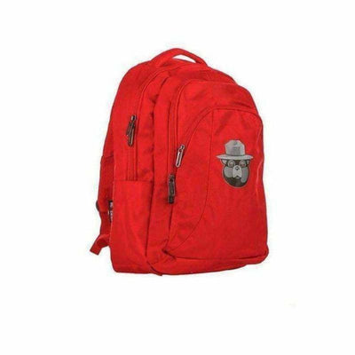 Bright red Smokeyz smell proof backpack with cartoon bear logo and multiple zippered pockets