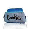 Blue and gray smell proof backpack with ’Cookies’ label for hands free convenience