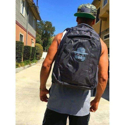 Smokeyz Smell Proof Backpack with cartoon bear face, sunglasses, and hat