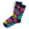 Stylish colorful smiley moosh socks with bright hues on navy background