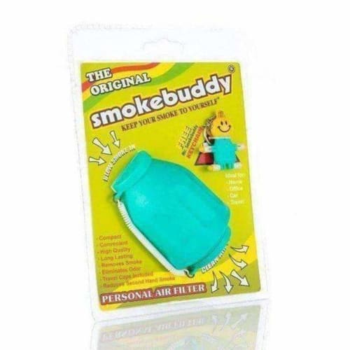 Smokebuddy Original air filter keychain with LED light in turquoise packaging