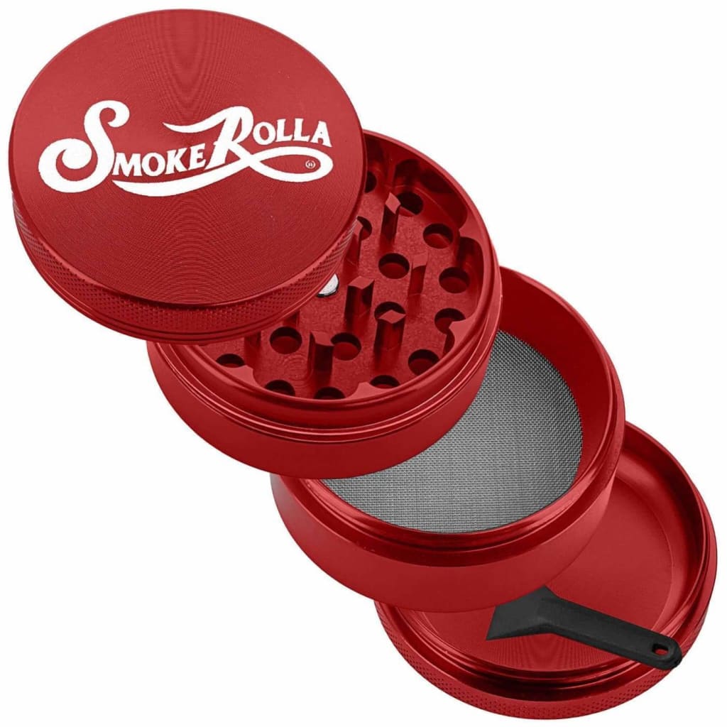 Red multi-layered Smokerolla® metal grinder for seasoned smokers with ’Smoke Rolla’ branding
