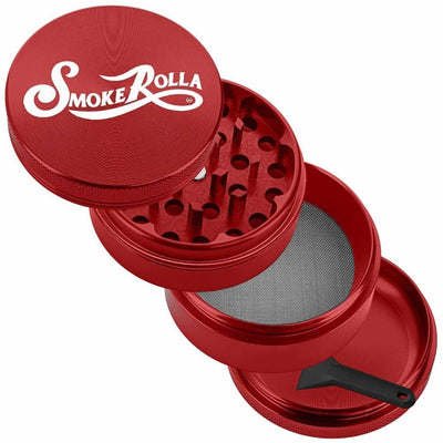 Red multi-layered Smokerolla® metal grinder for seasoned smokers with ’Smoke Rolla’ branding