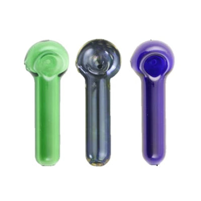 Three colorful Chameleon Glass smokestack spoon style pipes in green, blue, purple
