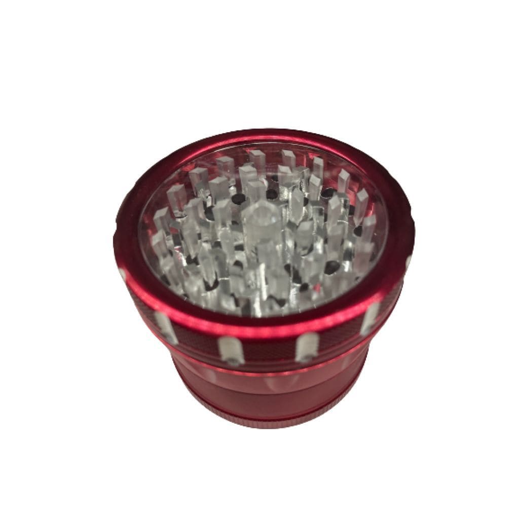 Red Smokey Metal Grinder with Clear Lid and Sharp Teeth