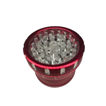 Red Smokey Metal Grinder with Clear Lid and Sharp Teeth