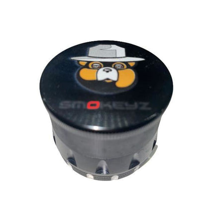 Black Smokeyz herb grinder with cartoon bear hat on clear lid, best weed grinders 2.5 inch