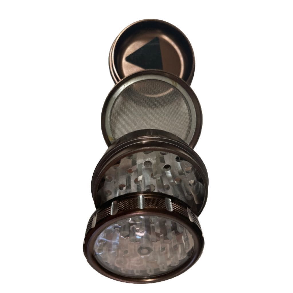 Bronze smokey metal grinder 4-part with clear lid, best weed grinders