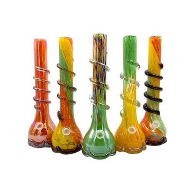 Colorful soft glass water pipes with spiral designs and bulbous bases, approximately 15 inches