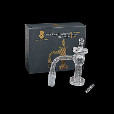 Fully fused engraved glass terp slurper with packaging from the Engraved Terp Slurper Kit