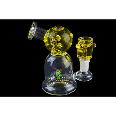 Space King glass water pipe with yellow accents, cartoon character, and freezable tube