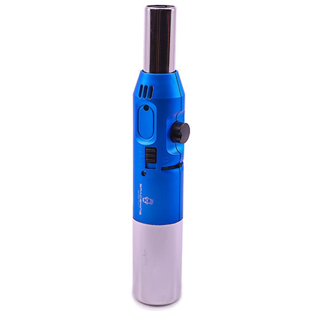 Blue and silver butane torch from Space King with piezo ignition for dabbing and straight torch lighter use