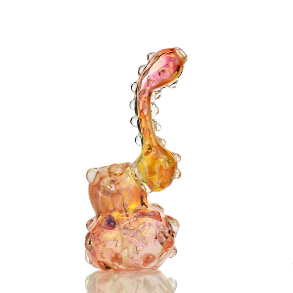 Iridescent spiky bubbler gold fume art glass hand pipe with textured accents