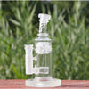 Glass water pipe with percolator, ice catcher, and 14mm male quartz banger for dabbing