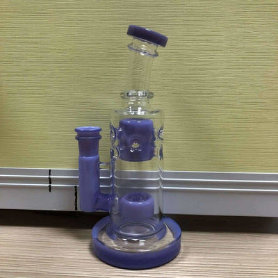 Glass water pipe with purple accents and percolator, 14mm male quartz banger included