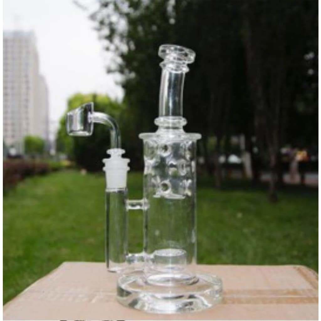 8borosilicate Glass Dab Rig with 14mm Male Quartz Banger, percolator, and angled mouthpiece