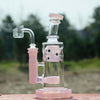 Glass water pipe with pink accents and a 14mm male quartz banger percolator design