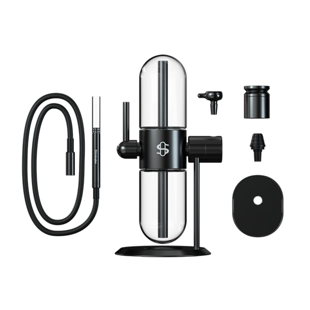 Sleek microphone with capsule design beside Stündenglass Gravity Hookah: 360° Rotating Glass Hookah