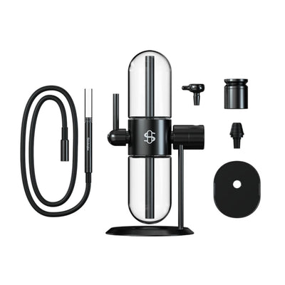 Sleek microphone with capsule design beside Stündenglass Gravity Hookah: 360° Rotating Glass Hookah