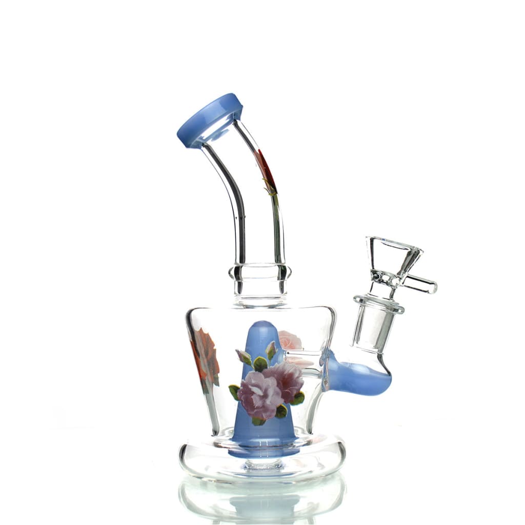 Glass flower sticker water pipe with blue accents and 14mm male bowl floral design