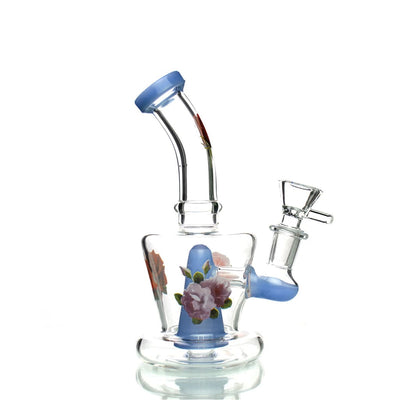 Glass flower sticker water pipe with blue accents and 14mm male bowl floral design