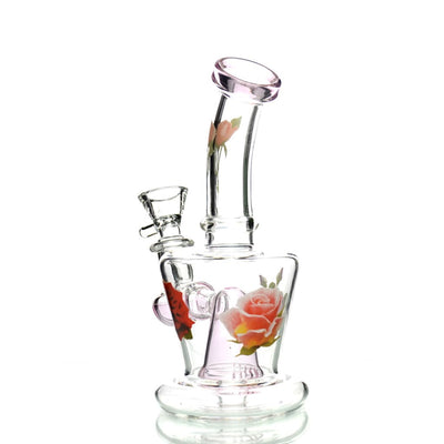 Stylish flower sticker water pipe featuring rose decorations and a 14mm male bowl