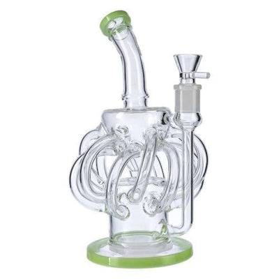 Intricate Tall Super Cyclone Recycler Water Pipe with curved tubes and a green accent