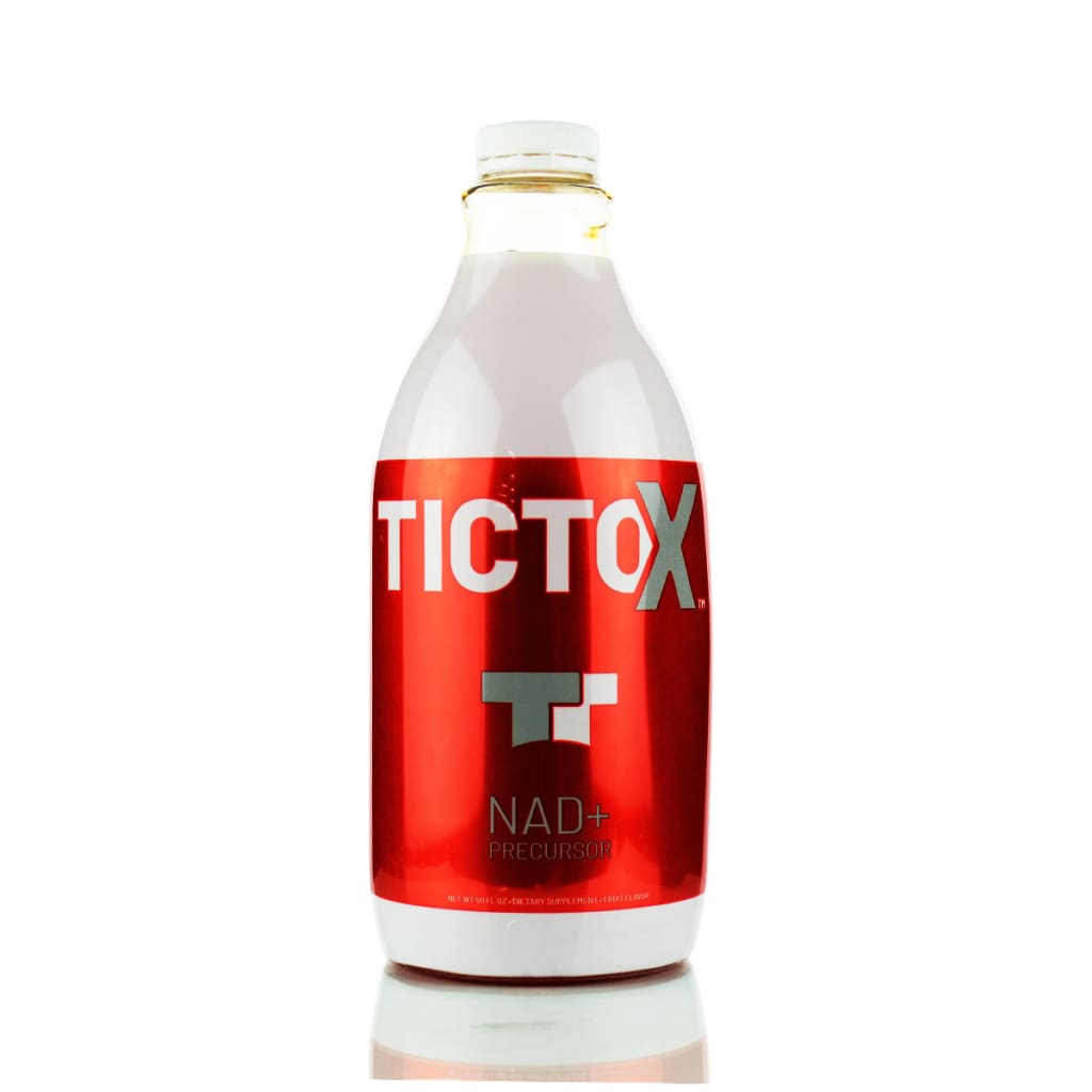 Red bottle labeled ‘TICTOX’ for Tictox Detox Nad+ Precursor 50 Fl Oz supplement