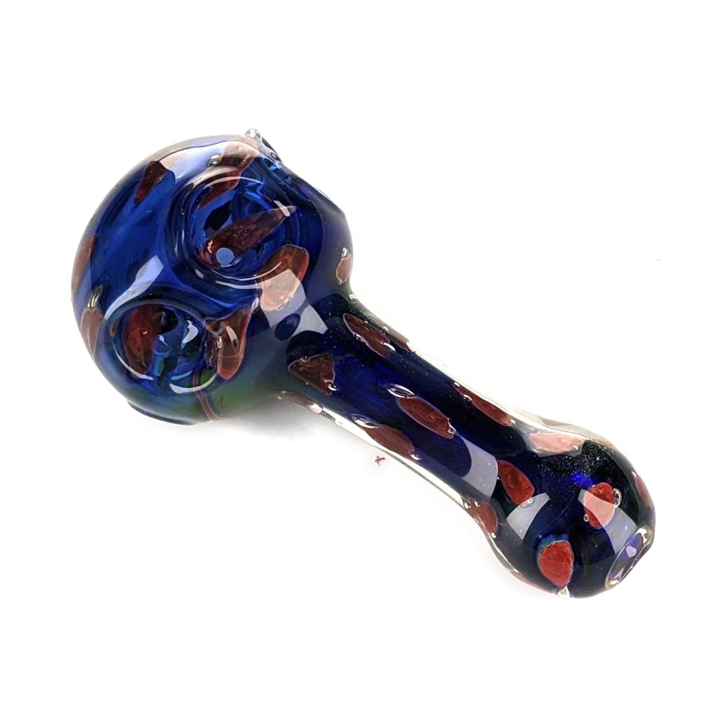 Exclusive triple bowl spoon pipe with swirling blue, red, and white patterns