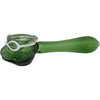 Green glass turtle spoon pipe with deep bowl and circular mouthpiece shaped like a pickle