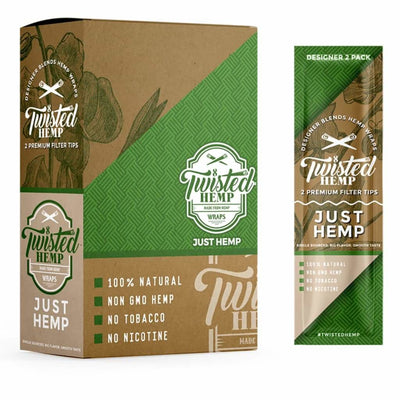 Box of Twisted Hemp ’Just Hemp’ wraps with filter tips, green and tan packaging