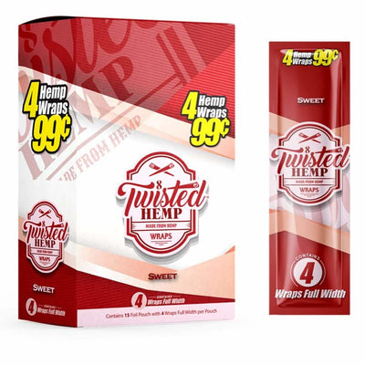 Twisted Hemp Wraps packaging, red and white, nicotine-free & slow burning