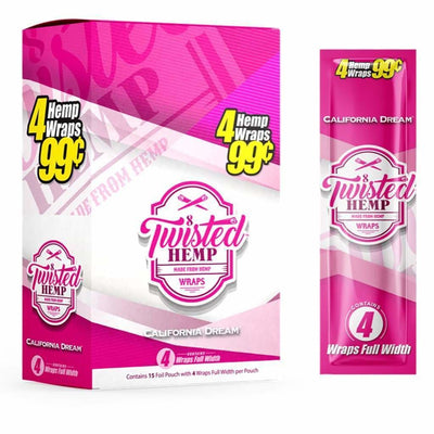 Pink and white packaging of Twisted Hemp Wraps, California Dream flavor, 4 wraps for 99 cents