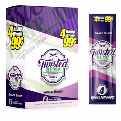 Twisted Hemp Wraps in Grape Burst flavor, nicotine-free, slow-burning packaging display