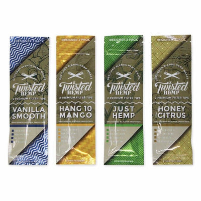 Four packs of Twisted Hemp wraps in Vanilla Smooth, Hang 10 Mango, Just Hemp, Honey Citrus