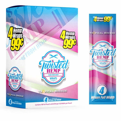 Colorful packaging for Twisted Hemp Wraps (Tropical Breeze), nicotine-free, slow burning