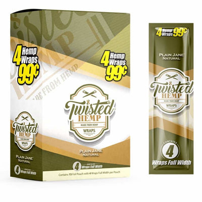 Twisted Hemp Wraps in green and gold packaging, Nicotine-free & Slow Burning