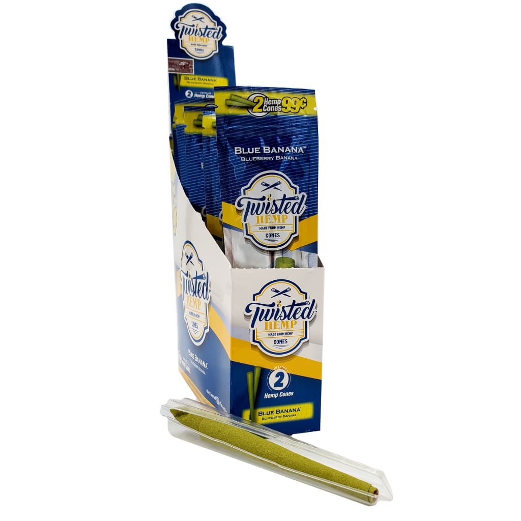Display box of Twisted Wraps Hemp Blue Banana flavored cigar wraps for pre-roller cone filling