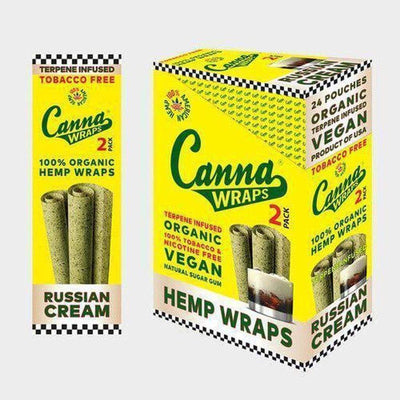 Bright yellow packaging for organic, tobacco-free, vegan hemp canna wraps, terpene infused