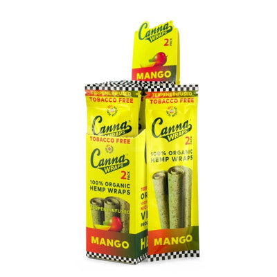 Boxes of mango-flavored hemp canna wraps labeled as tobacco-free and 100% organic