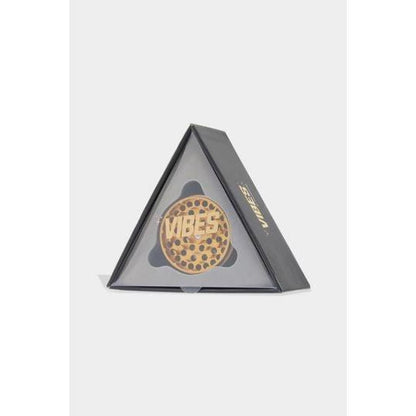 Triangular box with pizza-shaped VIBES pin, Vibes x Aerospaced 4-piece Grinder Anodized Finish