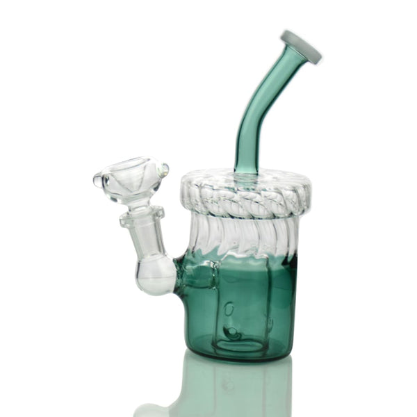 Color tube base water pipe with 14mm male bowl, featuring a curved neck and decorative percolator