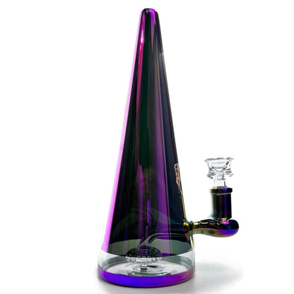 Sleek 9.5-inch electroplated water pipe cone in purple iridescent glass with transparent quartz bowl
