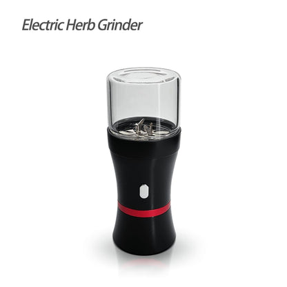 Black electric herb grinder with clear glass top, red accents, hard metal stainless blades, USB charging
