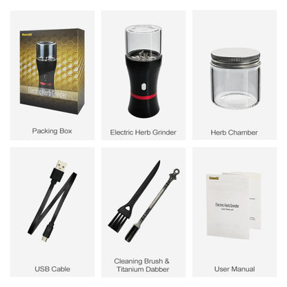 Black electric herb grinder with clear glass top, red accents, hard metal stainless blades, USB charging