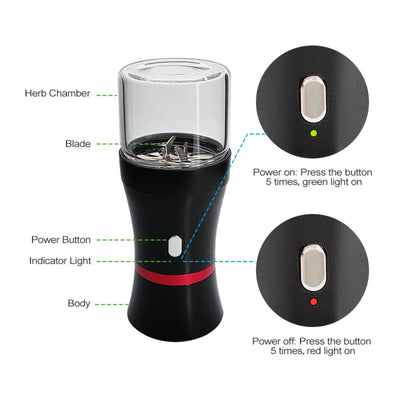 Black and red electric herb grinder with hard metal stainless blades and USB charging