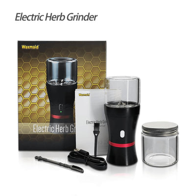 Black Waxmaid electric herb grinder with red band, clear glass top, hard metal stainless blades, USB charging