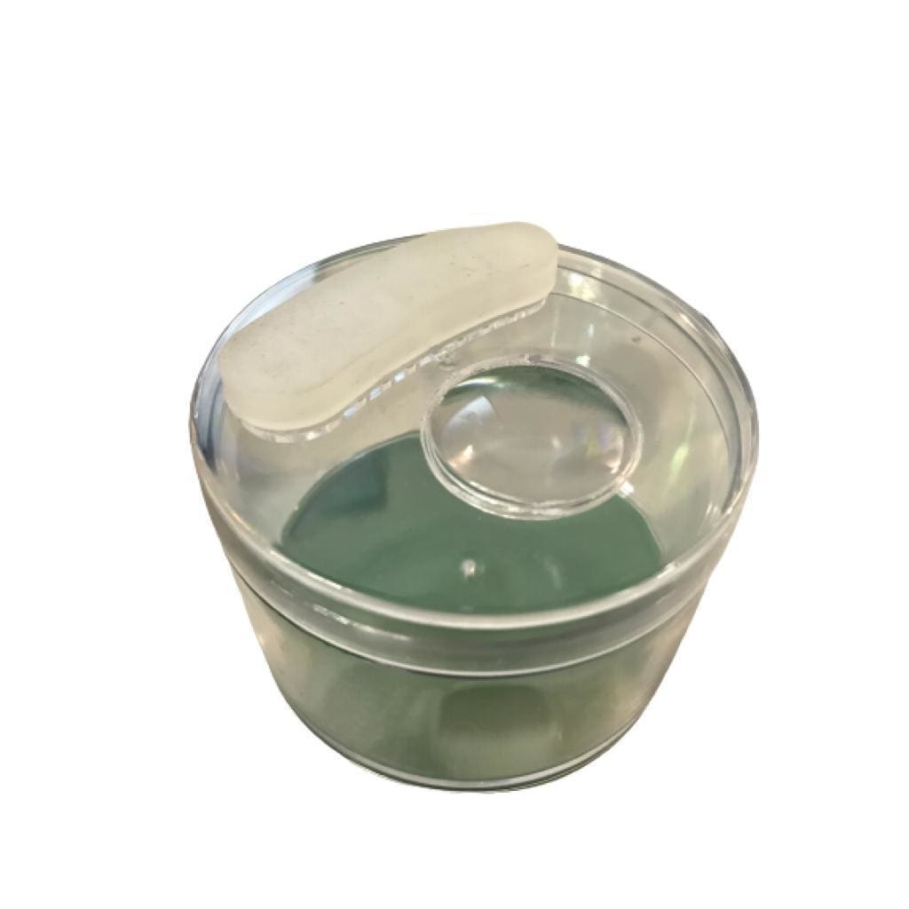 Clear plastic stash jar with white curved lid for glass hand pipe and vaporizers